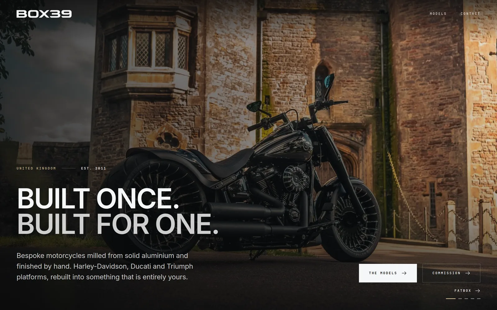BOX39 UK website homepage showing a custom Harley-Davidson Fat Boy